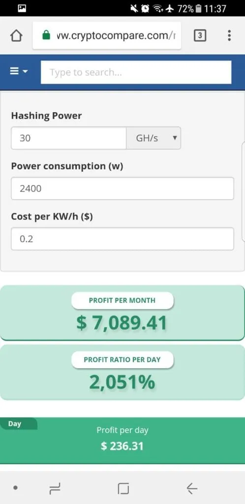 Mining profit tanking screenshot from 2017